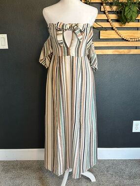 Saltwater Luxe Off Shoulder Stripe Midi Dress Boho Tie Front Size S